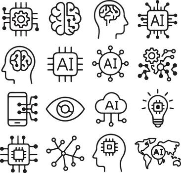 Collection of Stylish Black and White AI Icons Illustrating Artificial Intelligence Concepts, Processes, and Connections in a Modern Minimalist Style vector