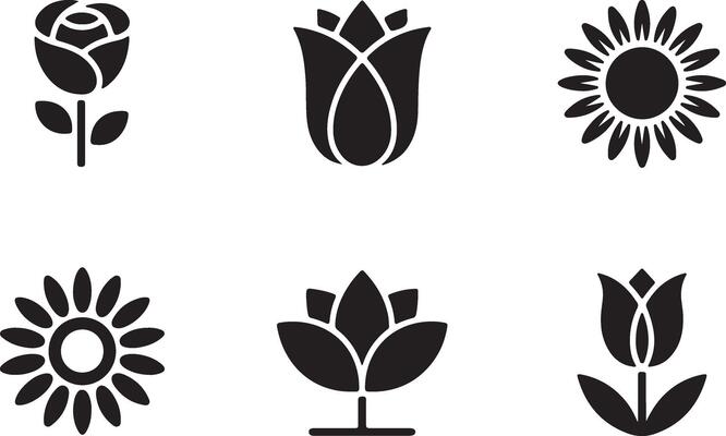 Six Elegant Black Floral Icons Roses, Tulips, and Sunflowers, Simple Yet Striking Botanical Designs, Perfect for Spring and Summer Mood