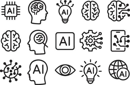 Stylish Line Art Icons Exploring the Innovative World of Artificial Intelligence and its Applications - Professional digital artwork with vibrant colors and detailed composition vector