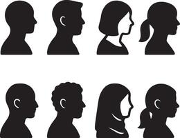 Eight Diverse Person Silhouettes in Profile View A Collection of Black and White Headshots Illustrating Gender, Hair, and Head Covering Diversity vector