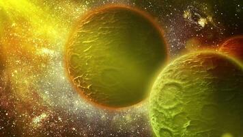 The yellow-alkaline planet, with a rocky, textured surface dotted with meteorite craters, orbits in space with its satellite. video
