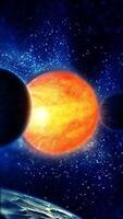 The bright planet Sun rotates in space. Several satellites with mountainous rocky structure circle around it against a blue background. video
