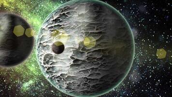 A grey planet with a rocky, textured surface dotted with meteorite craters, it orbits in space with a companion planet. video