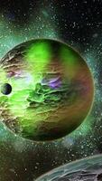 A green planet with a rocky, textured surface dotted with meteorite craters orbits space with a satellite planet orbiting it. video