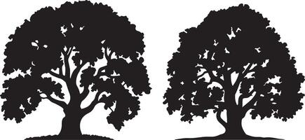 Majestic Black Silhouette of Two Ancient Oak Trees Standing Tall Against a White Background, Evoking a Sense of Serenity and Timeless Beauty. vector