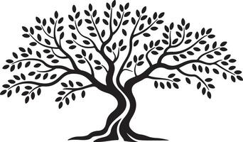 Majestic Black and White Olive Tree Illustration, Symbolic of Peace and Longevity, with Lush Foliage Against a White Background vector