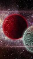 A deep red planet with a rocky, textured surface dotted with meteorite craters, it orbits in space with its moon. video