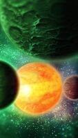 The bright planet Sun rotates in space. Several satellites with mountainous rocky structure circle around it on a green background. video