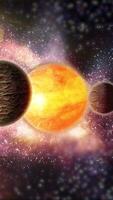 The bright planet Sun rotates in space. Around it circles a satellite with a mountainous rocky structure. video
