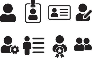 Eight Simple Black User Profile Icons Person, ID Card, Profile Editing, Settings, List, and Award, Representing Efficient Personnel Management vector