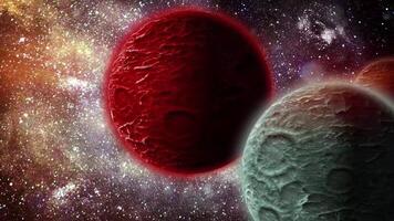 The red planet, with a rocky, textured surface dotted with meteorite craters, orbits in space with a moon. video