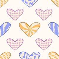 Vintage y2k seamless pattern with hearts. Twisted shapes, trendy distorted grunge figures in blue, violet, yellow and beige colors. Trippy psychedelic background in retro style vector