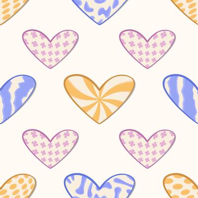Vintage y2k seamless pattern with hearts. Twisted shapes, trendy distorted grunge figures in blue, violet, yellow and beige colors. Trippy psychedelic background in retro style