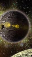 A dark planet with a rocky, textured surface dotted with meteorite craters orbits in space with a companion planet. video