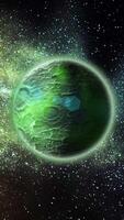 A green planet with a rocky, textured surface dotted with meteorite craters orbits in space. video