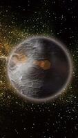 A grey planet with a rocky, textured surface dotted with meteorite craters orbits in space. video