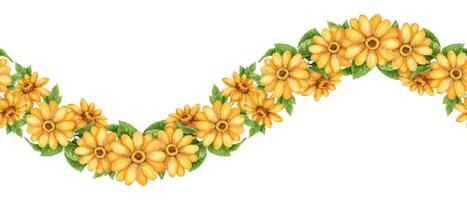 Wave seamless sunflower border with yellow bloom and green leaf. Bright watercolor art with hand drawn botanical flair. Great for vacation card design floral print and vibrant summer holiday decor. vector