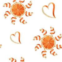 Orange slice with heart shaped peel and sun seamless pattern. Watercolor summer illustration on white background. Ideal for fabric or wallpaper print design and bright tropical decorative concept. vector