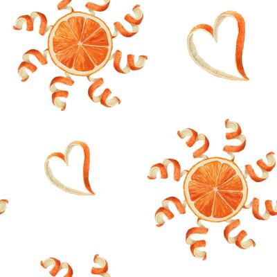 Orange slice with heart shaped peel and sun seamless pattern. Watercolor summer illustration on white background. Ideal for fabric or wallpaper print design and bright tropical decorative concept.