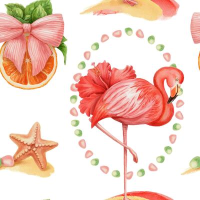 Seamless pattern with flamingo hibiscus and orange in watercolor trendy style. Pink tropical illustration on white background. Perfect for summer fabric or wallpaper and romantic decorative print.