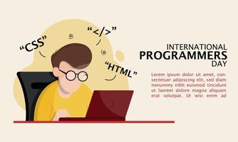 International Programmers Day Template. A male programmer works with a laptop. Copy space area vector