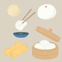 Chinese food dim sum and spring roll ,Hand drawn asian food for festival vector