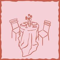 Doodle-style line art illustration of a romantic dinner. Features elements like a table for two, wine glasses, candles, flowers, and plated meals in a cozy atmosphere. vector