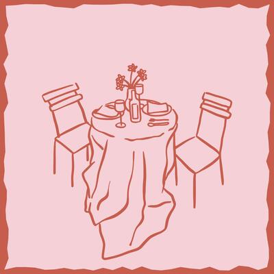 Doodle-style line art illustration of a romantic dinner. Features elements like a table for two, wine glasses, candles, flowers, and plated meals in a cozy atmosphere.