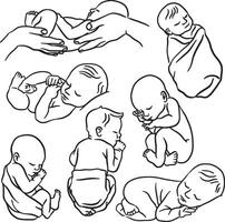 Line art illustration collection of sleeping babies. Minimalist and delicate drawings showing babies in various sleep positions. vector