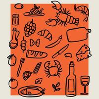Set of doodle-style linear illustrations inspired by Italian cuisine. Elegant dining. vector