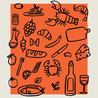 Set of doodle-style linear illustrations inspired by Italian cuisine. Elegant dining.
