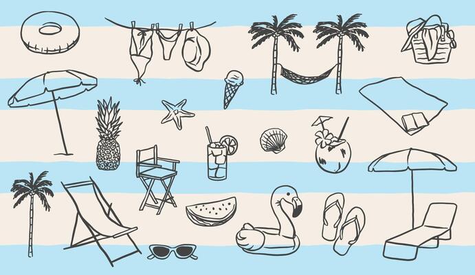 Hand-drawn summer vacation illustrations in a grunge style using chalk or charcoal