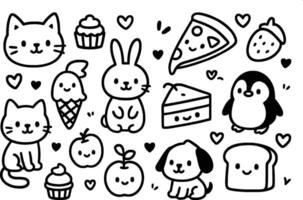 A black and white drawing of various animals and other items vector