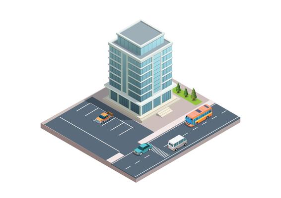modern building with highway and parking area