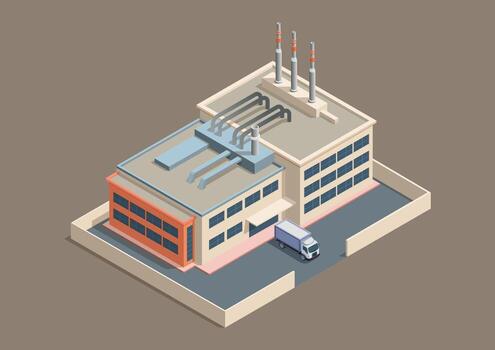 Industrial factory with truck and smoke stacks vector