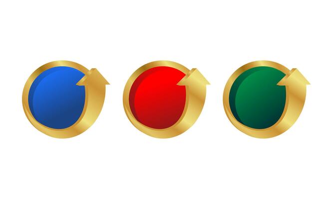 Set of Three Dynamic Circular Buttons in Vibrant Colors with Golden Borders and Cycle Arrows for Progress