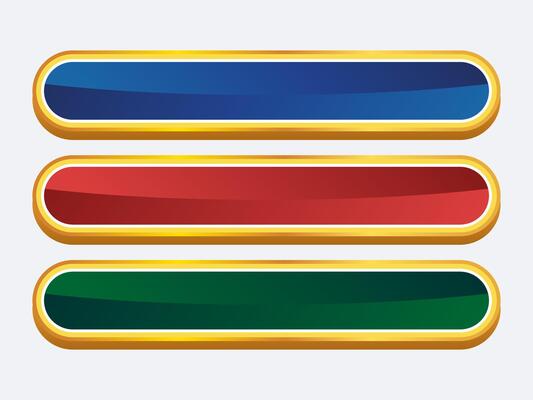 Vibrant Metallic Horizontal Buttons or label banner in Blue, Red, and Green with Luxurious Golden Borders for UI