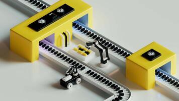 Mechanical arms carry boxes, Assembly line and mechanical operation. 3d rendering. Digital drawing. video