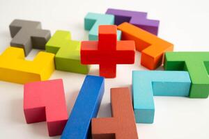 Logical thinking and problem solving problem solution creative business, wooden puzzle geometric block photo