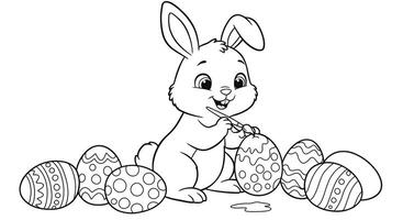 Artistic Bunny Character Painting Easter Eggs Coloring Page for Kids vector