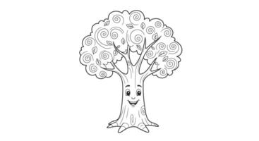 Smiling autumn tree line art coloring page for kids fall season activity book vector