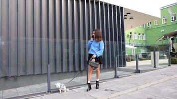 Woman Walking Small Dog in Urban Setting video