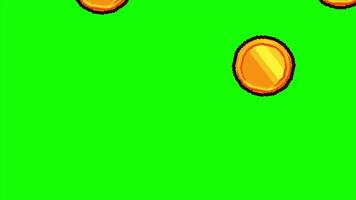 golden coins pixel animation on green screen, Retro 8 bit game style, chroma key motion animated background video