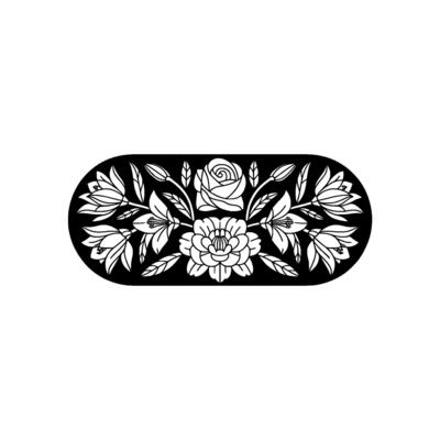 Elegant Floral Pattern in Oval Frame, Black and White