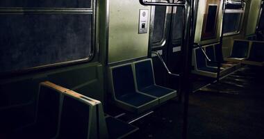 CGI Empty subway car illuminated by dim lights during late night hours video