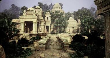 CGI Mysterious ancient ruins surrounded by lush greenery in a serene landscape video