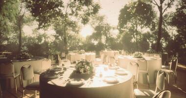 CGI Elegant outdoor dining setup for a special event surrounded by nature video