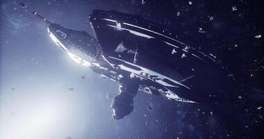 CGI Spaceship navigating through asteroid field in deep space exploration video