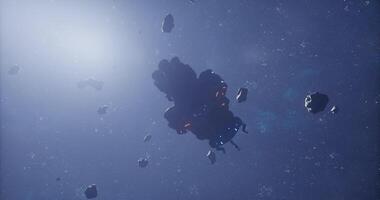 CGI Spaceship navigating through an asteroid field in deep space video