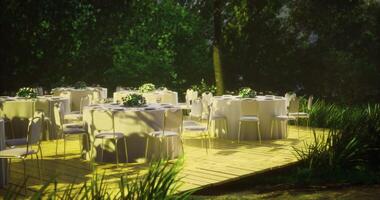 Dreamlike CGI Elegant outdoor dining setup for a special event surrounded by nature video